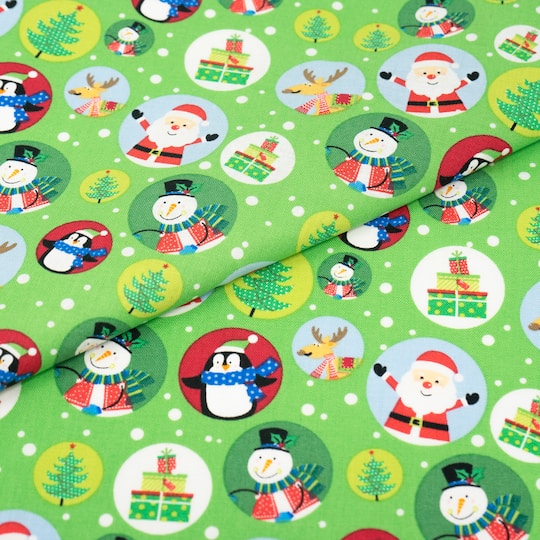 SINGER Christmas Snowglobes on Green Cotton Fabric